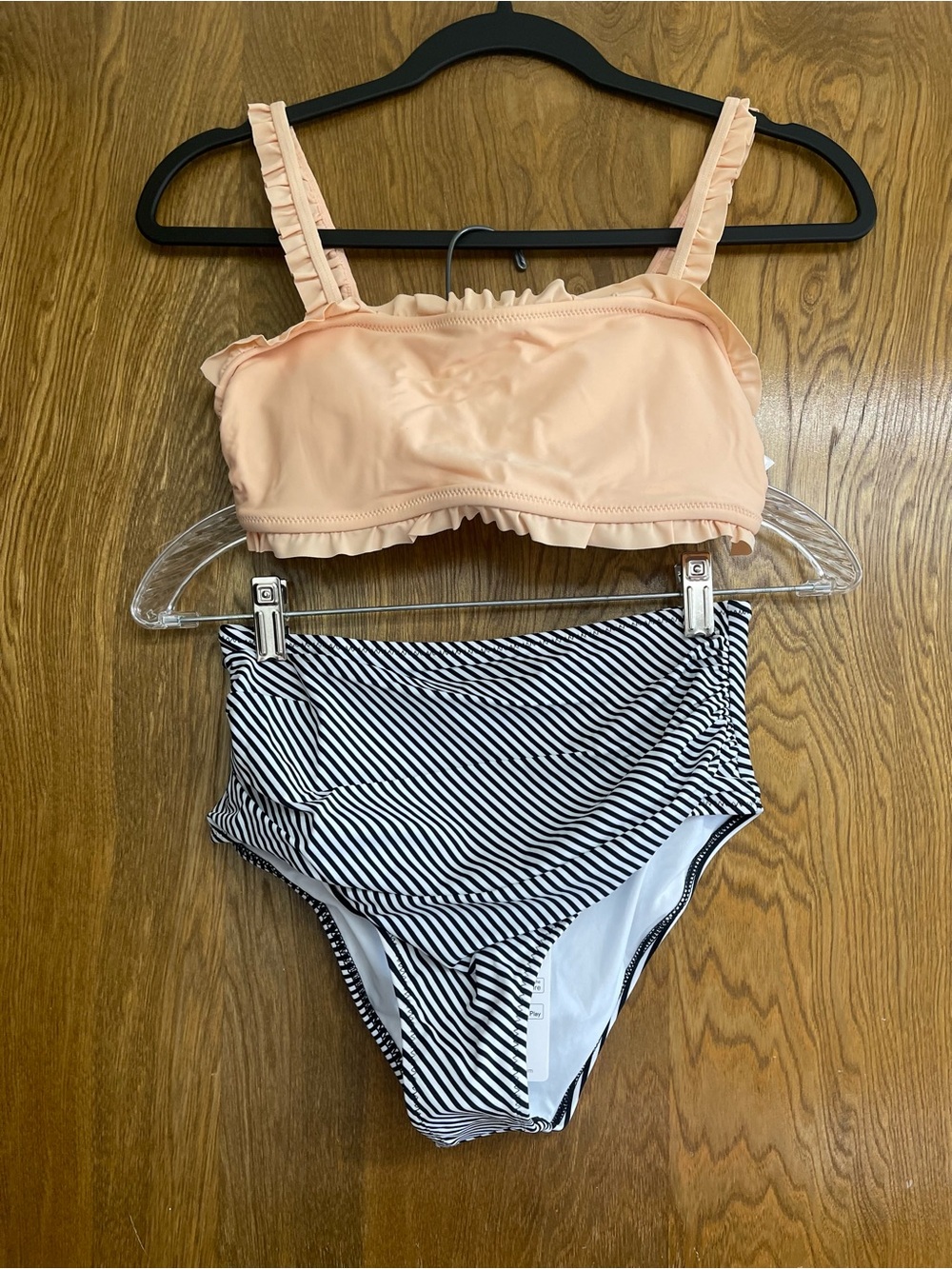 Small swimsuit Peach Ruffle Bikini Top Black & White Striped High-Waist Bottoms